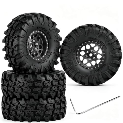 for 1/18 1/24 Axia l SCX24 TRX4M,1.3 Beadlock RC Wheels and Tires,1.3" Aluminum & Brass RC Wheel Hub Rim Rubber Tires RC Truck Tires Heavy Duty Rim.Black 4PCS - color: (4pcs）black