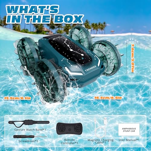 Tecnock Amphibious Remote Control Car Boat, 4WD Gesture RC Cars with Magnetic Charging, 60 Min Playtime, LED Lights, Pool Toys for Kids Ages 6-12, Gift Toys for Boys Girls - color: Green