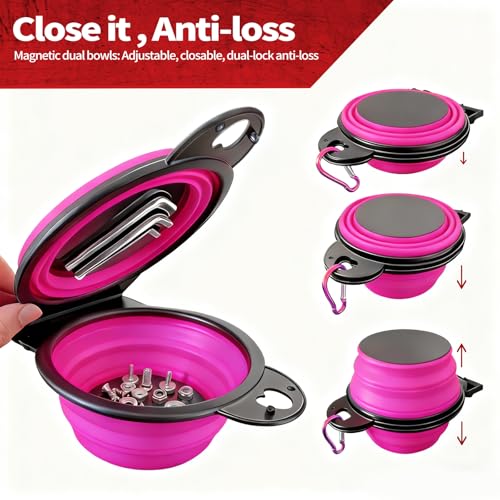 Magnetic Trays, Magnetic Bowl for Screws, Magnetic Tool Tray (magenta2.0) | Collapsible Magnetic Tool Tray, Integrated 5.1" Round Dual Silicone Bowls, Upgraded Version, Bonus Hook for On-the-Go Carry - style: magenta2.0