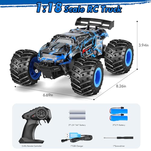 Remote Control Car, Rechargeable 1:18 Rc Cars, All-Terrain RC Truck | Remote Control Truck for Boys 4-7 8-12 with LED Light, 20KM/H, 2WD, 2.4GHz, Sturdy PVC Shell, Beginner-Blue - color: Blue