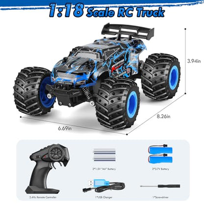 Remote Control Car, Rechargeable 1:18 Rc Cars, All-Terrain RC Truck | Remote Control Truck for Boys 4-7 8-12 with LED Light, 20KM/H, 2WD, 2.4GHz, Sturdy PVC Shell, Beginner-Blue - color: Blue