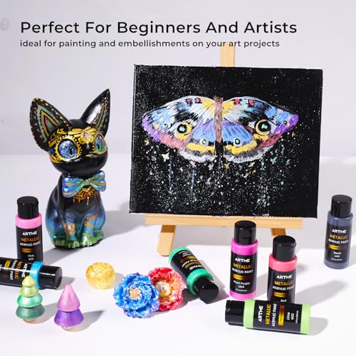 Artme Metallic Acrylic Paint Set, 24 Metallic Colors in 2 oz/60ml Bottles, Metallic Shining Acrylic Paint, Rich Pigments Paint Perfect for Artists, Beginners on Canvas, Rocks, Wood, Fabric, Ceramic