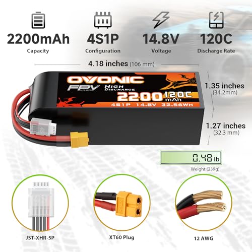 OVONIC 4s Lipo Battery 120C 2200mAh 14.8V Lipo Battery with XT60 Connector forRC FPV Racing Drone Quadcopter(with Lipo Voltage Checker)