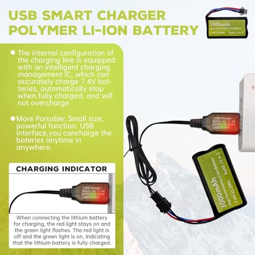 sea jump 7.4V 3000mah 15C 2S Li-ion Battery with SM-3P Plug and USB Charger Suitable for DE43 DE60 9500E 9309E RC Car Model Truck Huina 1575 RC Engineering Vehicle RC Remote Control Toy Car Battery