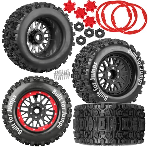 17mm Hex 1/7 1/8 1/10 RC Wheels and Tires for 1/10 Revo/Summit/T-Maxx/E-Revo,1/8 Kraton/Outcast/Fireteam/Notorious 6S,Sledge,1/7 Fireteam 6S,etc RC Monster Truck,(4Pcs) Red Black - color: Red Black - (Rc Truck Tires)