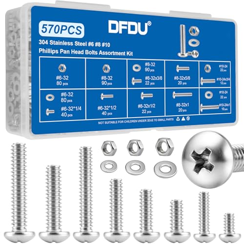 570Pcs Phillips Pan Head Nuts and Bolts Assortment Kit#6-32#8-32#10-24 | 304 Stainless Steel Machine Screws and Washers Fully Threaded Fastener with lengths from 1/4" to 1" for DIY, Furniture Repair - size: SS #6#8#10 570PCS