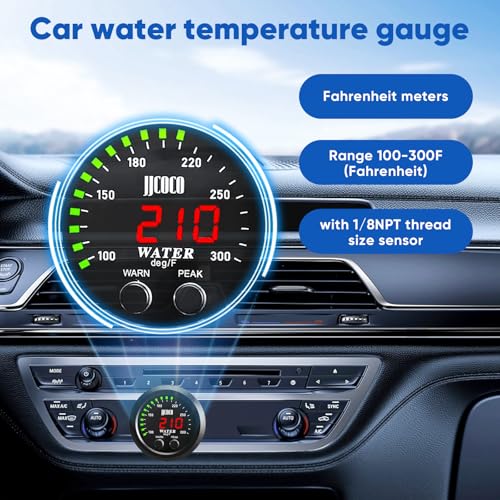 Universal 52mm Water Temperature Gauge with Alarm and 1/8 Npt Sensor Car Digital Meter Red Display Green Ambient Light Temp 100-300F(-17~187C) - color: Green, size: Joint Pipe: None