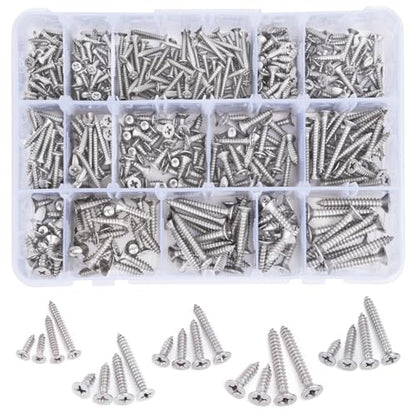 542PCS #4#6#8#10#12 Phillips Flat Head Screw Set Stainless Steel Wood Screws Assortment Kit, Assorted Sheet Metal Self Tapping Screws, 18-8(304) Stainless Steel (Flat Silver) - style: flat silver