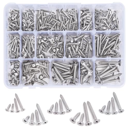 542PCS #4#6#8#10#12 Phillips Flat Head Screw Set Stainless Steel Wood Screws Assortment Kit, Assorted Sheet Metal Self Tapping Screws, 18-8(304) Stainless Steel (Flat Silver) - style: flat silver