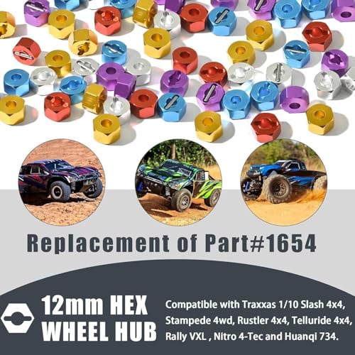 12mm Hex Wheel Hubs w/Axle Pins M4 Flange Lock Nut Standard M3 M4 Nut 5mm Thickness Aluminum Wheel Drive Adapter Replacement of 1654 for RC Traxxas 1/10 Slash 4x4, Stampede 4WD - color: Purple