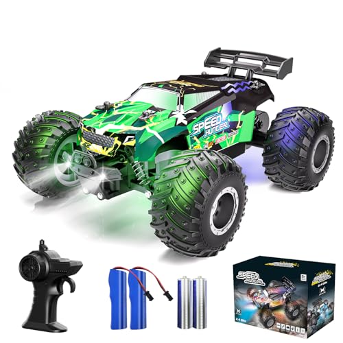 Remote Control Car RC Cars All Terrain Monster Truck, Outdoor 2WD Off Road Hobby RC Truck with 2 Rechargeable Batteries and Colorful Light, 20Km/h Fast RC Car Toys Gift for Kids Boys