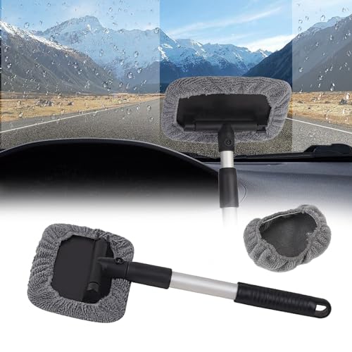 Car Windshield Cleaning Tool with Reusable Cloth Pad & Long Handle | Microfiber Window Cleaner, Universal Car Accessories Auto Glass Wiper Kit for Interior & Exterior Cleaning