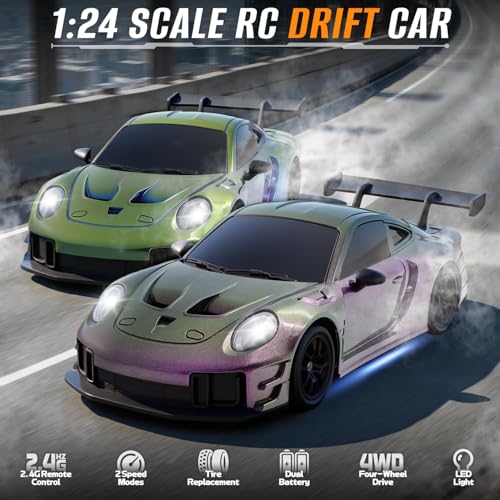 RC Drift Car, 1:24 4WD Remote Control Cars Vehicle with LED Light,2.4GHz 20KM/H High Speed RC Cars with Two Batteries & Drifting Tires Racing Sport Toy for Adults Boys Girls Kids - color: Purple