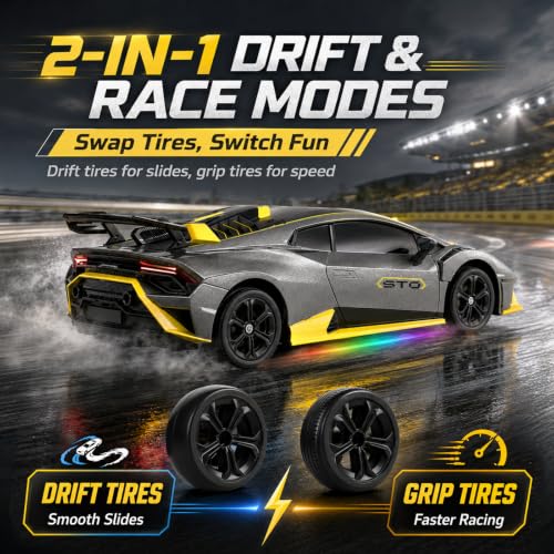 YESHIN 1：24 Lamborghini Haracan Drifting Car Red, Lamborghini Toy Car, RC Cars for Boys Age 8-12, 2.4GHz Remote Control Car with Light - color: B-gray