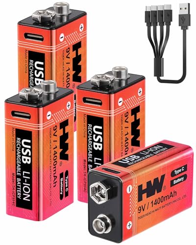 HW 9 Volt Batteries 4 Pack, 1400mAh Rechargeable Lithium Battery 9V with USB C Fast Charging Cable, 1000 Cycles Square Baterias for Smoke Detectors, Fire Alarms, Remote Controls, Clocks and More