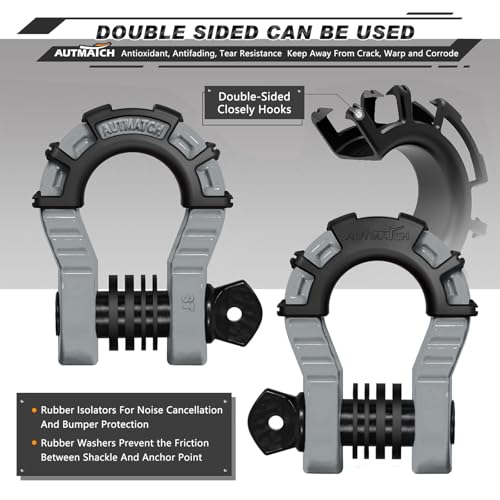 AUTMATCH D Ring Shackles 3/4" Mega Shackle (2 Pack) 68,000Ibs Break Strength - Heavy Duty Clevis Shackles with 7/8" Screw Pin and Isolator Washer for Tow Strap Winch Off Road Vehicle Recovery, Gray - color: Gray & Black