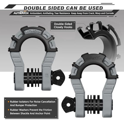 AUTMATCH D Ring Shackles 3/4" Mega Shackle (2 Pack) 68,000Ibs Break Strength - Heavy Duty Clevis Shackles with 7/8" Screw Pin and Isolator Washer for Tow Strap Winch Off Road Vehicle Recovery, Gray - color: Gray & Black