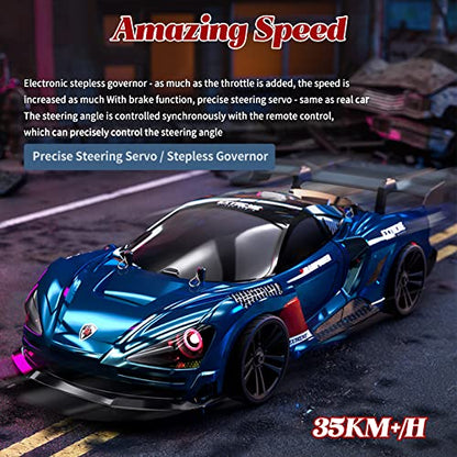 RC Drift Car, 1:16 RC Drifting Car Remote Control Car Rechargeable High Speed RC Cars Toys 4WD 2.4GHz Full Scale Blue RC Racing Cars with LED Lights Two Batteries for Boys and Adults - color: 2.blue