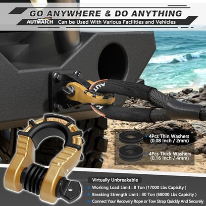 AUTMATCH D Ring Shackles 3/4" Mega Shackle (2 Pack) 68,000Ibs Break Strength - Heavy Duty Clevis Shackles with 7/8" Screw Pin and Isolator Washer for Tow Strap Winch Off Road Vehicle Recovery, Gold - color: Gold & Black