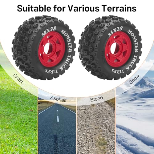 MX28 F/R 2.8" RC Car Tires with 12mm/14mm Hex Adapter RC Wheels and Tires Set 1/10 RC Truck Wheel for Arrma Big Rock Granite Traxxas Rustler Stampede VORTEKS 3S 4PCS (Style B) - Red - color: Red