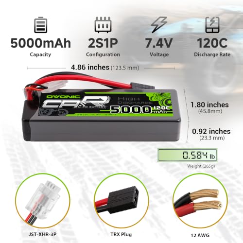 OVONIC 2S Hard Case Lipo Battery TRA Plug RC Car Battery 7.4V 120C Lipo for RC Car Trucks 1/8 1/10 RC Vehicles(2 Packs)