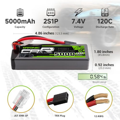 OVONIC 2S Hard Case Lipo Battery TRA Plug RC Car Battery 7.4V 120C Lipo for RC Car Trucks 1/8 1/10 RC Vehicles(2 Packs)