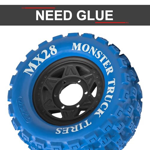 LRFHL MX28 F/R 2.8" RC Monster Truck Tires and Wheels 4PCS, Blue | 12mm/14mm Hex Adapter, 1/10 RC Monster Truck, Compatible with Traxxas Stampede Rustler Redcat Arrma Vorteks Big Rock Granite - color: Blue Tires+ Black Hex Wheel-2