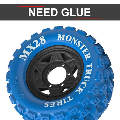LRFHL MX28 F/R 2.8" RC Monster Truck Tires and Wheels 4PCS, Blue | 12mm/14mm Hex Adapter, 1/10 RC Monster Truck, Compatible with Traxxas Stampede Rustler Redcat Arrma Vorteks Big Rock Granite - color: Blue Tires+ Black Hex Wheel-2