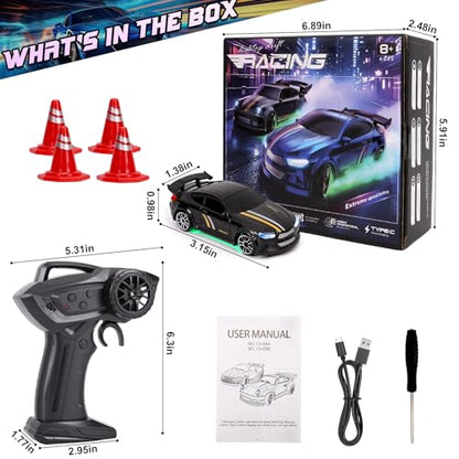 Mini RC Drift Car 1/64, Micro Remote Control Car with Led Lighting | 2.4ghz stunt pocket desktop drift cars with 4 obstacles & joystick control, adjustable dual speed modes - color: 1 Pc Black