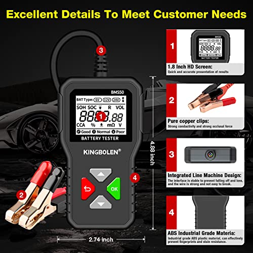 KINGBOLEN BM550 6V 12V 24V Car Battery Tester，Auto Battery Analyzer | 100-2000 CCA BM550 Battery Tester, Accurate Digital Automotive Alternator Tester for Cars Trucks SUV ATV Boats Motorcycles - style: BM550 battery tester