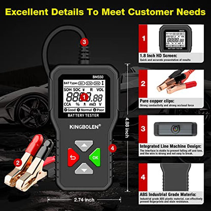 KINGBOLEN BM550 6V 12V 24V Car Battery Tester，Auto Battery Analyzer | 100-2000 CCA BM550 Battery Tester, Accurate Digital Automotive Alternator Tester for Cars Trucks SUV ATV Boats Motorcycles - style: BM550 battery tester