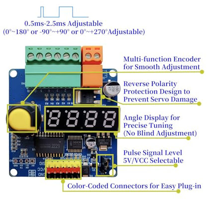 RC Servo Tester 6-Channel Servo Controller Board–PWM Speed/Angle Adjustable, 90/180/270 Degree 3 Modes (Lock/Cycle/Auto-Zero), for RC Models/Robotic Arms/Servo Testing MG995/SG90