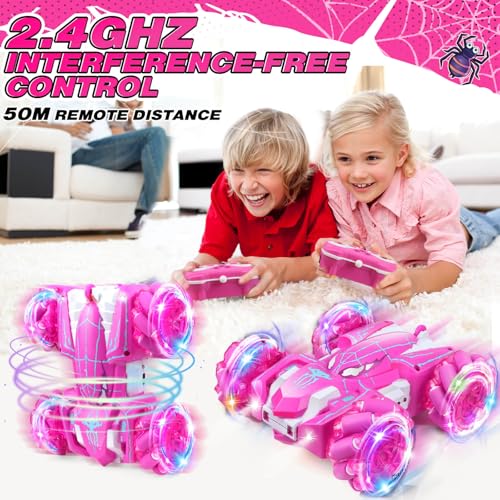 Dolanus Girls Toys Spider Remote Control Car, Age 3+, Kids Gift, Pink | RGB Wheel Lights, Dual Sided Stunts, 360° Spins, Sideways Drifts, USB Charging, 2.4GHz Control, for 3 4 5 6 7 8 12 Year Old