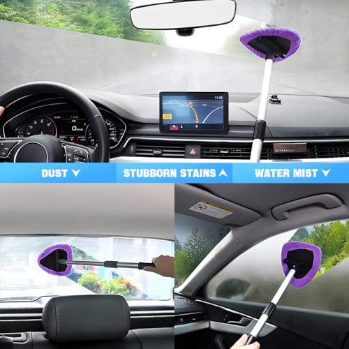 Windshield Cleaning Tool, Car Window Cleaner with Extendable Long Handle and 4 Washable Reusable Microfiber Pads, Auto Interior Exterior Glass Wiper Cleaning Kit Universal for Office and Home (Pueple) - color: Pueple