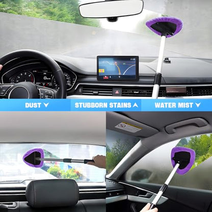 Windshield Cleaning Tool, Car Window Cleaner with Extendable Long Handle and 4 Washable Reusable Microfiber Pads, Auto Interior Exterior Glass Wiper Cleaning Kit Universal for Office and Home (Pueple) - color: Pueple
