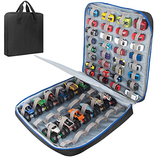 56 Toy Car Storage Case for 1:64 Die-Cast Cars & Trucks (Black) | Fits 1:64 diecast cars. Cars not included. Portable case for collectors and kids. Holds 56.