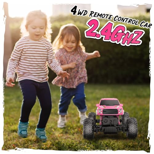 Double E Pink Monster Truck Remote Control Car for Girls | Cool 4WD RC Truck Toy with Off-Road Tires, Fun Outdoor Gift for Kids Ages 6-12 - color: Pink