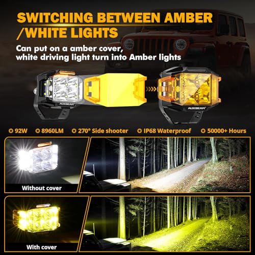 Auxbeam V-MAX Series 4'' 92W Cube LED Pod 270° Side Shooter Offroad Light | Spot Flood Combo Light Pod with DRL, 92W 8960LM,3 Lighting Modes, Amber Covers, 1Lux@476m, Auxiliary Ditch Light, Easy To Use - color: 4in Cube LED Pod
