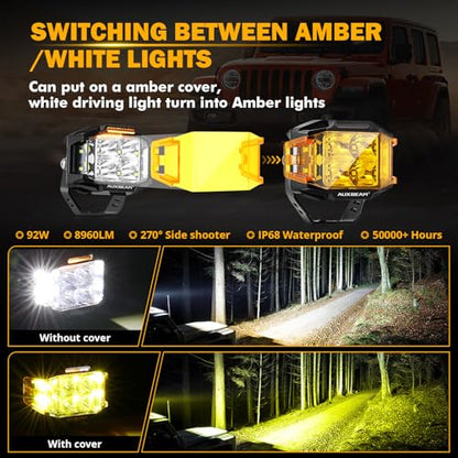 Auxbeam V-MAX Series 4'' 92W Cube LED Pod 270° Side Shooter Offroad Light | Spot Flood Combo Light Pod with DRL, 92W 8960LM,3 Lighting Modes, Amber Covers, 1Lux@476m, Auxiliary Ditch Light, Easy To Use - color: 4in Cube LED Pod