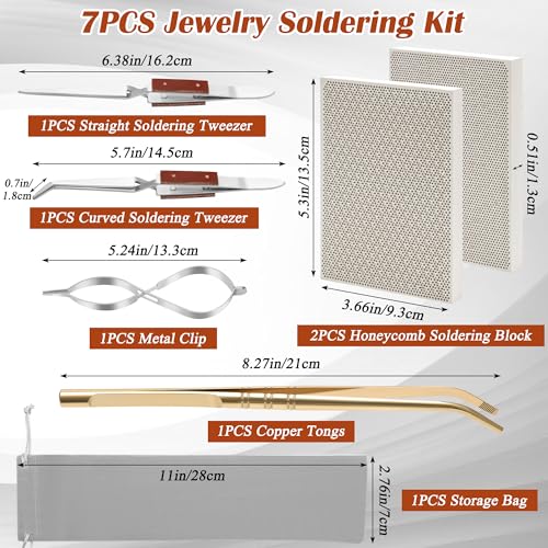 Coldairsoap 7pcs Jewelry Soldering Kit, Soldering Tool for Jewelry Making | Include 2 Honeycomb Soldering Blocks, 1 Copper Tongs, 2 Soldering Tweezers, 1 Metal Clip, 1 Storage Bag