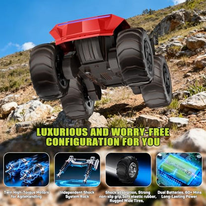 Remote Control Car RC Truck 1:16 Plus, 4WD Waterproof Amphibious RC Car All Terrain Pickup,2.4GHz Remote Monster Truck with 360° Rotating Standing Stunt Toy Car for Kids Boy Girl 4-7 8-12 Ages,Red - color: Red