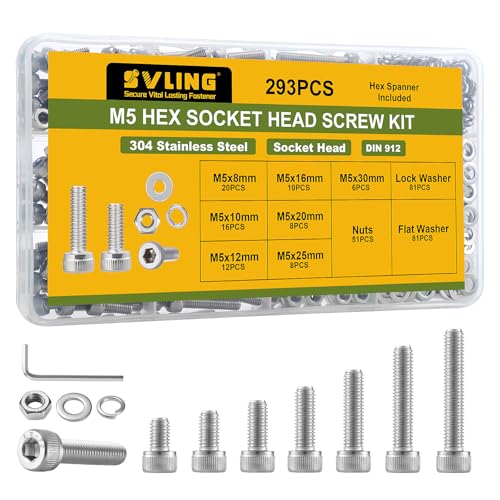 293PCS M5 Screws Assortment Kit, 304 Stainless Steel 18-8 Hex Socket Head Cap Screws Bolts Nuts and Washers Set, M5 x 8/10/12/16/20/25/30mm, for 3D Printer - size: M5 293PCS Socket SS