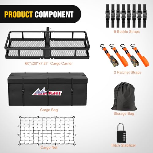 Nilight 60" x 20"x 7.87" Folding Carrier Fits 2-Inch Receiver 500 Lbs Capacity Bag Net Ratchet Straps Lock Stabilizer for SUV Pickup RV Van - style: 20"x 60"x 7.87", w/Bag,Net,Straps