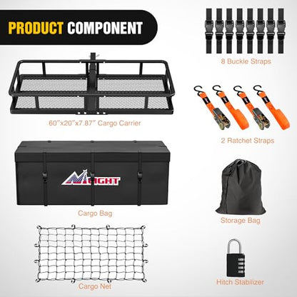 Nilight 60" x 20"x 7.87" Folding Carrier Fits 2-Inch Receiver 500 Lbs Capacity Bag Net Ratchet Straps Lock Stabilizer for SUV Pickup RV Van - style: 20"x 60"x 7.87", w/Bag,Net,Straps