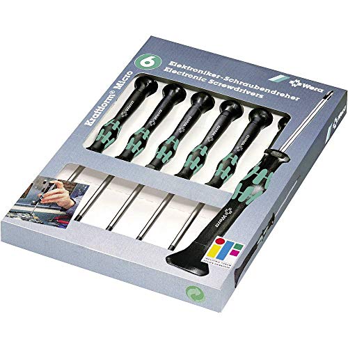 Wera 2052/6 Kraftform Micro Ballhead Hexagon Electronics Screwdriver Set and Rack, 6-Piece - size: Ball-End: 1.5x60mm, 2x60mm, 2.5x60mm, 3x60mm, 0.9x40mm, 1.3x90mm