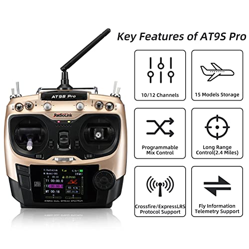 Radiolink AT9S Pro 10/12 Channels RC Transmitter and Receiver R9DS Grey | Long Range RC Remote Radio Controller for RC Airplane, FPV GPS Drone, Car, Boat and More Mode 2 - color: Champagne Gold