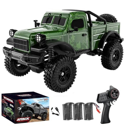 1/18 Scale RC Pickup Truck for Adult, 2.4GHz 4WD Off-Road Remote Control Drift Car, RC Rock Crawler with LED Lights, 12km/h High Speed & Waterproof ESC - color: Green, size: 3 Battery