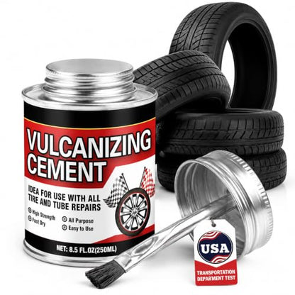 Chemical Vulcanizing Cement 8.5 FL.Oz, All Purpose Tire Repair Glue, Fast Dry Rubber Cement, Clear Patch Plug Kit with Brush Top Can for Car, Motorcycle, Bike