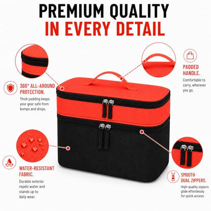Bevegekos 2-Layer Carrying Case for Toniebox Gen 1 & 2, Holds 25+ Figures | Top tray + deep bottom fit audio box, charging station & headphones; water-resistant 600D shell with EPE foam padding inside - color: Black/Orange