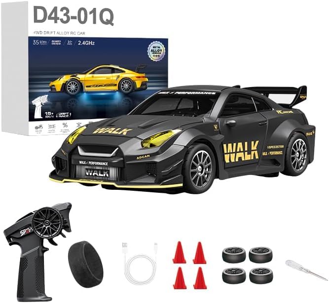 1:43 RC Drift Car 20KM/H with Gyro, 2.4G 4WD Full Proportional Alloy Sport Racing Car, Adjustable Speed, LED Lighting for Teens & Adults-D43-02 - color: Q6/Dark Gray